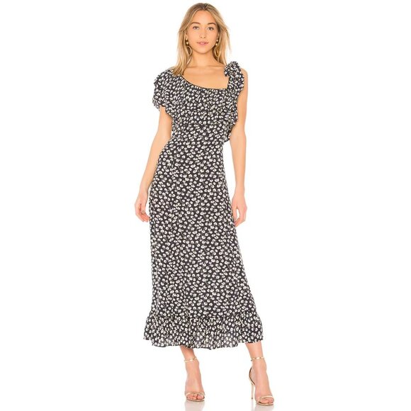 Ganni Roseburg Crepe Dress Maxi Tie Strap Total Eclipse Navy Leaf Print US 4 - Picture 1 of 16
